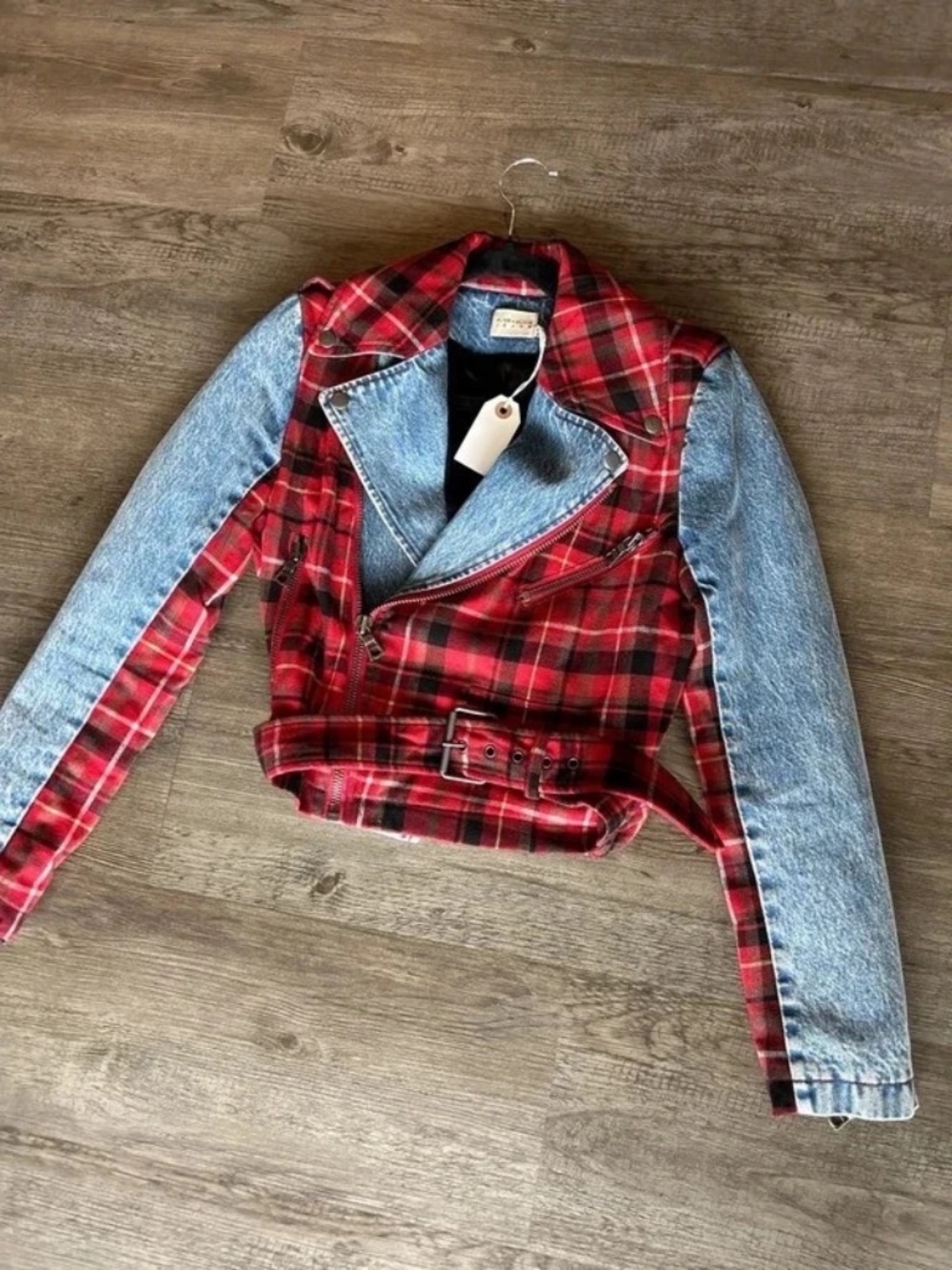 Alice & Olivia Red plaid and denim moto jacket